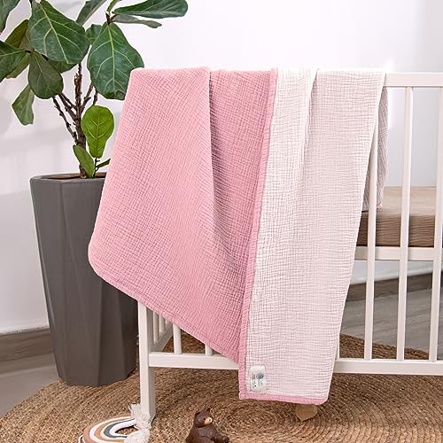 Image of lulumoon Muslin Baby Blanket for Girls: 4-Layer Soft Cotton Toddler Blanket for Daycare - Reversible Lightweight Crib Bedding for Stroller & Travel 47 inchx47 inch(Pink)