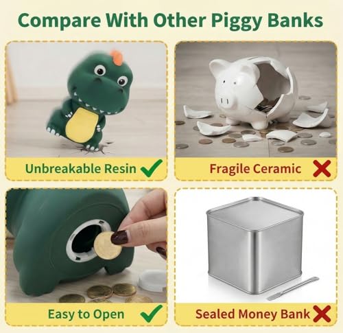 Dinosaur Piggy Bank, Unbreakable Plastic Money Coin Bank, Cute First Coin Saving Box for Birthday, Easter, Baby Shower, Home Decoration, Deep Green - Image 6