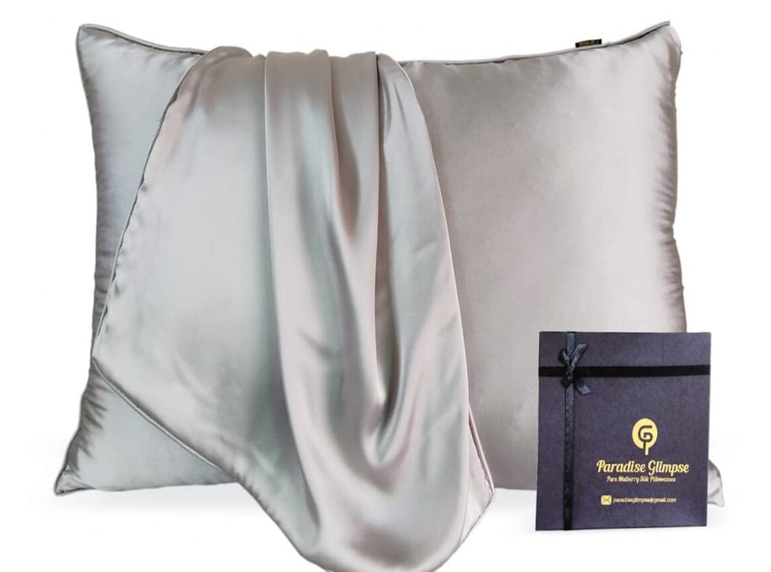 PARADISE GLIMPSE Silk PillowCase 19 Momme 100% Pure Mulberry Charmeuse Silkpillow Good for Skin and Frizzy Hair. Handcrafted Self Piping allergenic resistant (Queen, Shining Silver)
