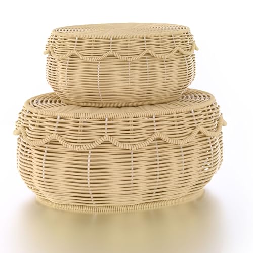Olpchee Wicker Storage Basket with lid Hand Woven Rattan Basket Small Scalloped Basket Set of 2 Woven Baskets for Storage Nursery, Baby, Clothes, Toys, Diapers