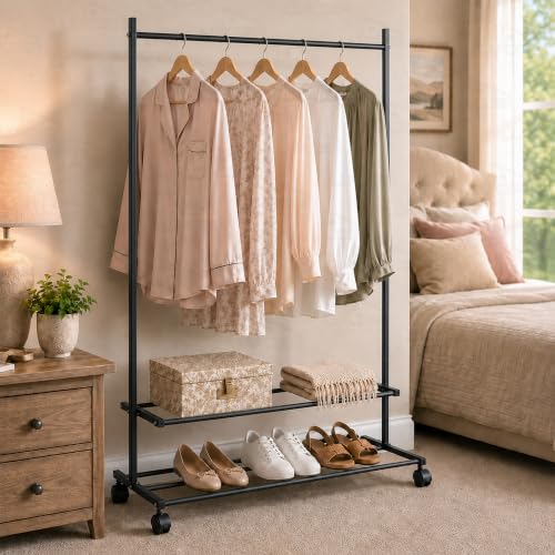 Image of Lukzer Single Rod Metal Garment Rack with Wheels & 2 Bottom Shelves, Portable Clothes Stand /Coat Hanger Rack with Shoe Storage for Bedroom, Entryway & Open Wardrobe (Black /109x34x162 cm)