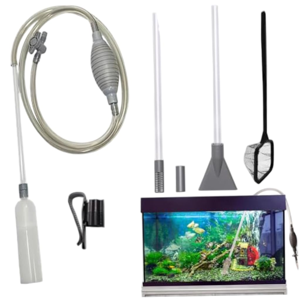 Kit completo de limpieza de acuarios – Bomba de sifón manual de 30 cm con aspiradora de grava, red de peces y accesorios para un fácil mantenimiento del tanque de peces.