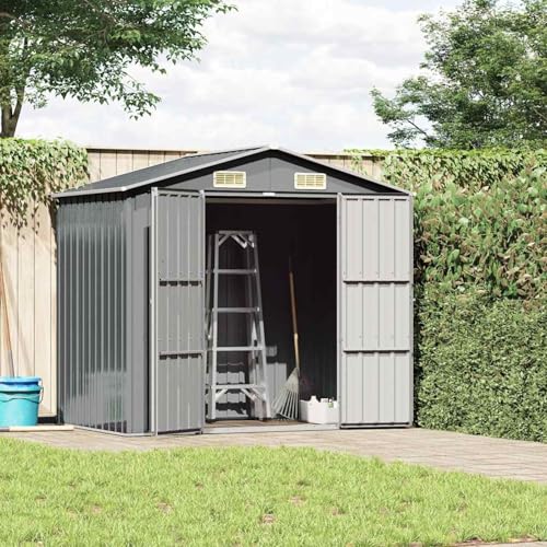 WGYHOME Cobertizo gris 205 x 129 x 183 cm de acero galvanizado con rejillas de ventilación, puertas dobles y techo inclinado, ideal para almacenamiento de herramientas, muebles de jardín y