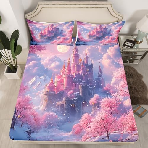 Romantic Castle Fitted Sheet Twin Size Girlish Fairy Tale Bedding Set 2Pcs(No Flat Sheet) Dreamy Pink Cherry Blossom Bed Sheet for Boys Girls Teens Room Decor Moon Nebula Clouds Deep Pocket Sheet