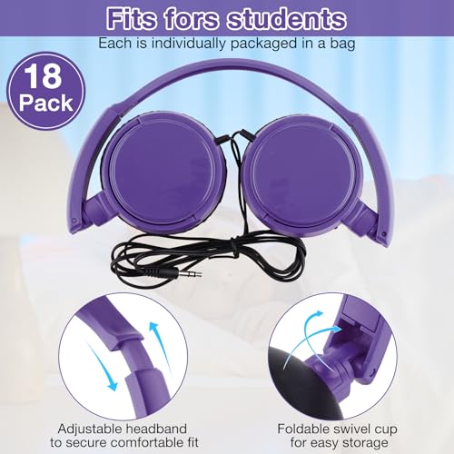 Image of Yunsailing 18 Pack Classroom Headphones Bulk, Wired Headphones,Purple | Student School Supplies, Individually Wrapped, Adjustable, over Ear Head Earbuds, for Laptop PC Computer
