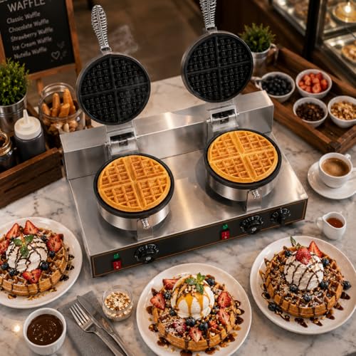 Image of Double Head Round Belgian Waffle Machine, Commercial Electric Waffle Maker Machine, Professional Belgian Waffle Baker for Cafe Bakery