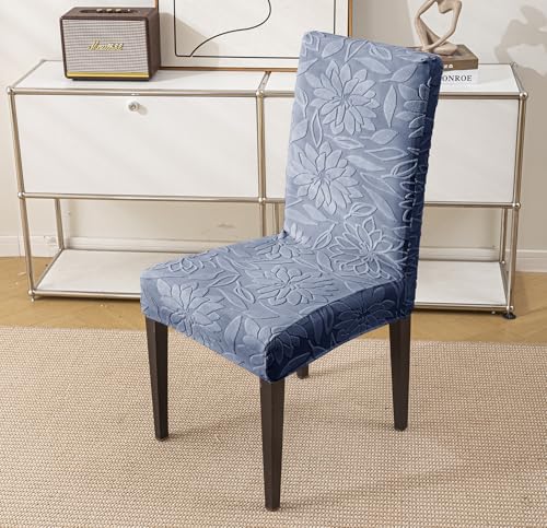 Image of House of Quirk Stretchy Universal Camellia Jacquard Waterproof Chair Cover Removable & Washable Short Dining Chair Cover Protector Seat Slipcover (Dark Blue,Pack of 1)