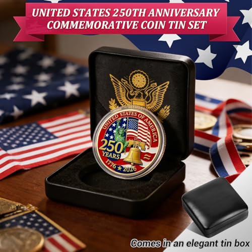 Image of USA 250th Anniversary Commemorative Coin 1776-2026 with Gift Box, America 250 Challenge Coin, 250th Anniversary USA Collectible, Patriotic Liberty Eagle Coin, America 250th Birthday Gift