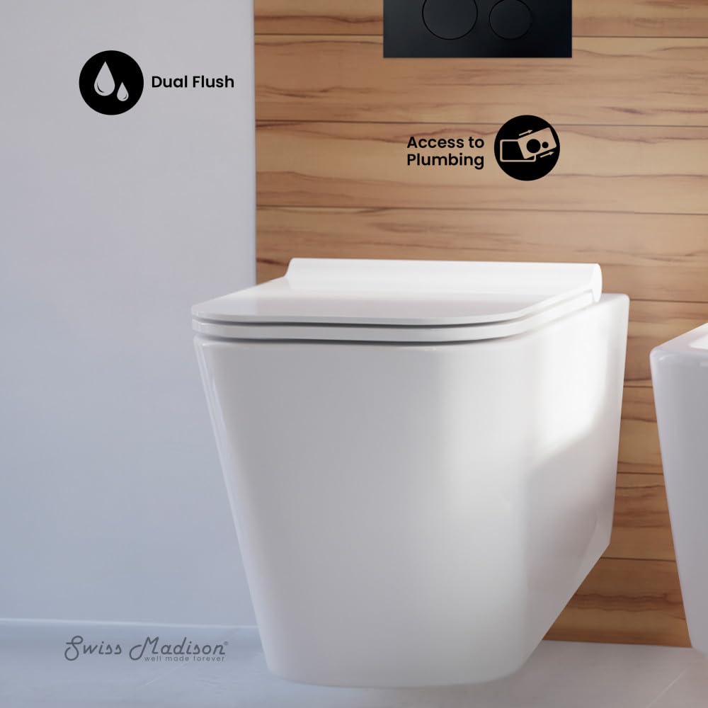 Bastille Wall-Hung Toilet Bundle 0.8/1.6 GPF Dual Flush in Glossy White with Black Flush Plate