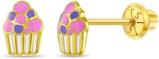14k Yellow Gold Colorful Enamel Cupcake Screw Back Earrings for Toddlers & Young Girls - Multicolor Fun & Fashionable Screw Backs for Children & Kids