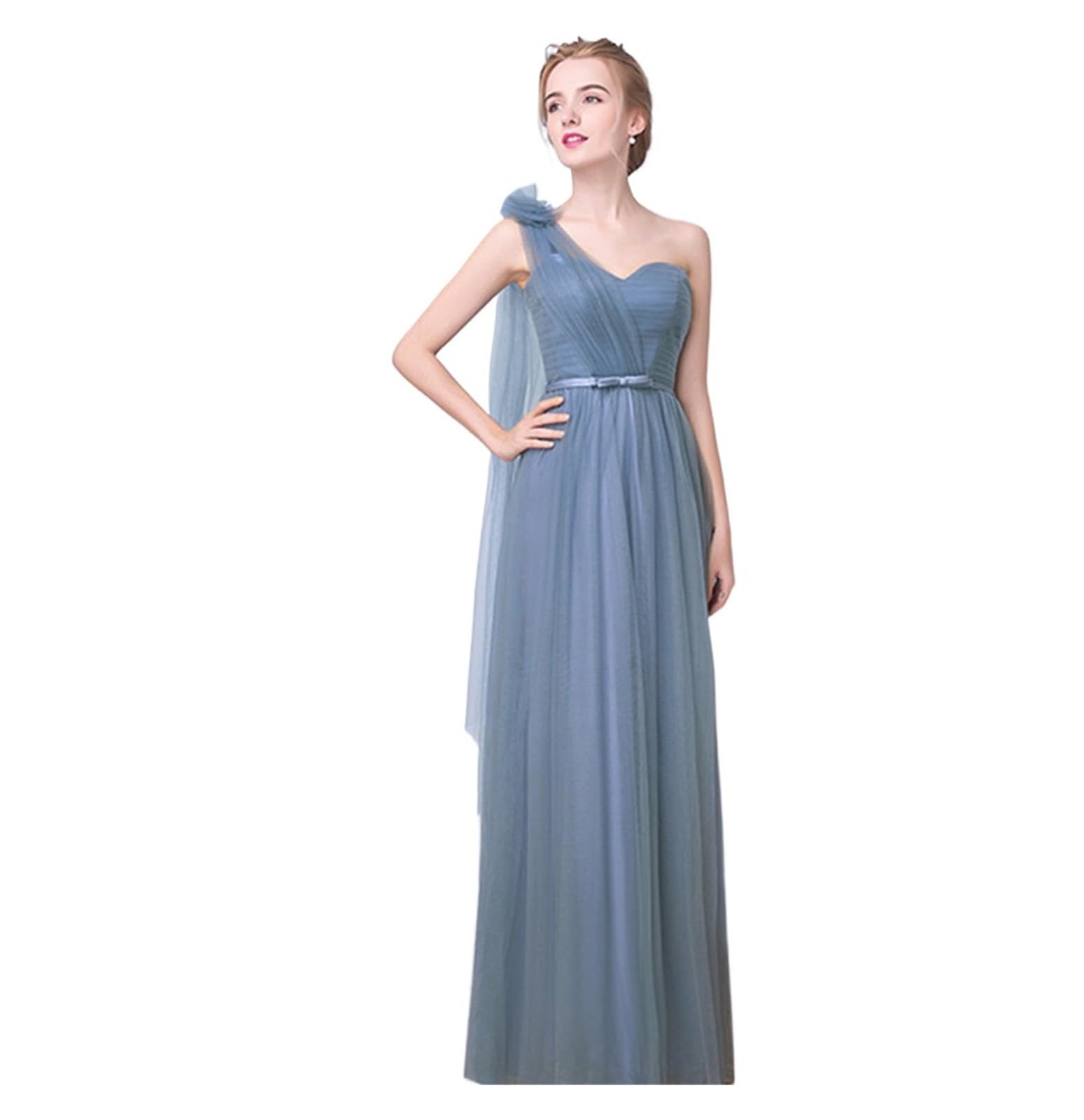 VFIDPSU Robes Demoiselle d'honneur Robe de Demoiselle d'honneur élégante Simple, Gris Bleu, 4 Styles, sans Manches, Classique, en Tulle, Ceinture en Satin, nœud à Lacets, Ligne a(Grey Blue D,16)