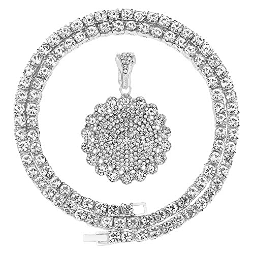 HH Bling Empire King Crown Iced Out Pendant Chains for Men Silver Gold Nba Youngboy Tennis Necklaces Hip Hop Rapper Jewelry 22 Inch (Sunflower - Silver, With Tennis)