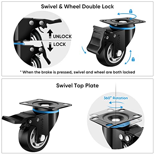Ticonn 3'' Swivel Caster Wheels Set Of 4, With 4 Safety Brakes, Poly Wheels No Noise Non-Marking, Heavy Duty Plate Casters Set Of 4 (3'') #TOP3