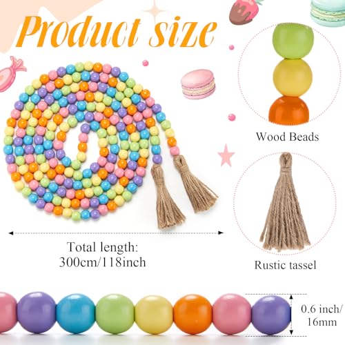 Image of Equsion Wooden Bead Garland with Tassels, Extra Long Fireplace Wood Bead Garlands Rustic Farmhouse Vintage Boho Beads Garland for Party Home Decor Tiered Tray Decorative Beads(Ice Cream Color)