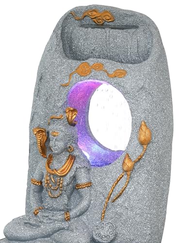 Image of CHRONIKLE Grey Polyresin Tabletop Lord Shiv Indoor Water Fountain for Home Decor with LED, Speed Control Pump (Size: 37 x 28 x 56 CM | Weight: 2900Gram)