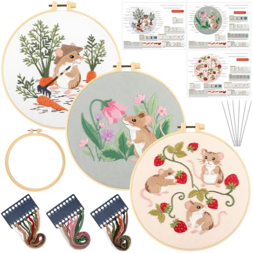 Image of Mindsoft 3 Set Needlepoint Kit for Beginners with Hoop,Garden Mouse | Bamboo Hoop Thread Needles Instructions, Easy Hand Embroidery for Beginners Home Crafts,Pre-stamped Funny Cute Designs