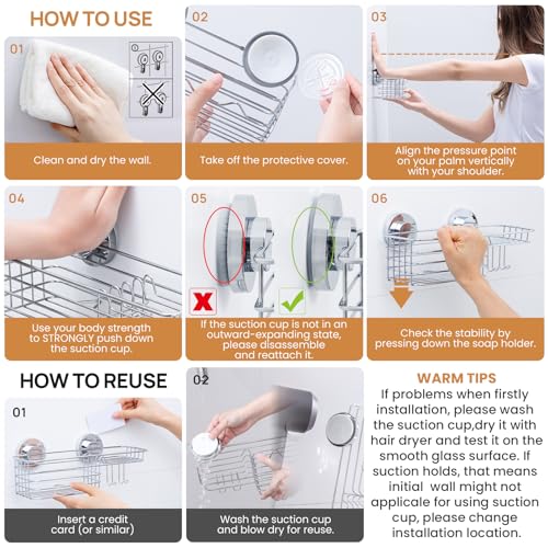Image of LEVERLOC Shower Caddy Suction Cup, Silver Shower Organizer With Hooks