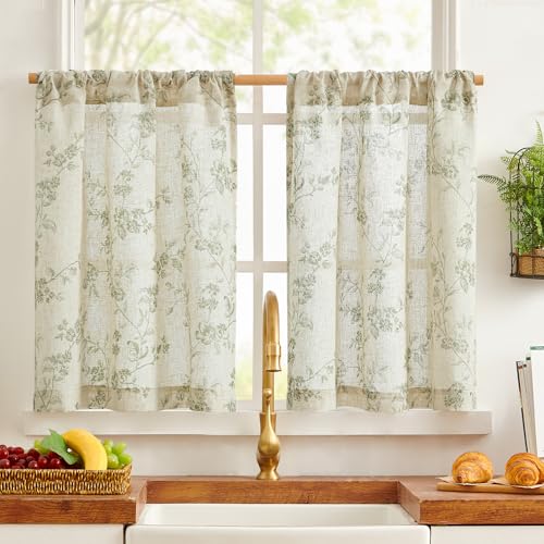 TOPICK Green Floral Linen Blend Kitchen Curtains 36 Inch Drop Short Cafe Curtains Light Filtering Small Window Curtain Tiers for Bathroom Living Room RV Rod Pocket 2 Panels
