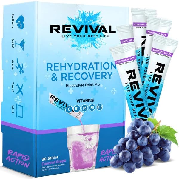 Generic Revival Rapid Rehydration Electrolytes Powder - High Strength Vitamin C, B1, B3, B5, B12 Supplement Sachet Drink, Effervescent Electrolyte Hydration (Concord Grape, 30 Count (Pack of 1))