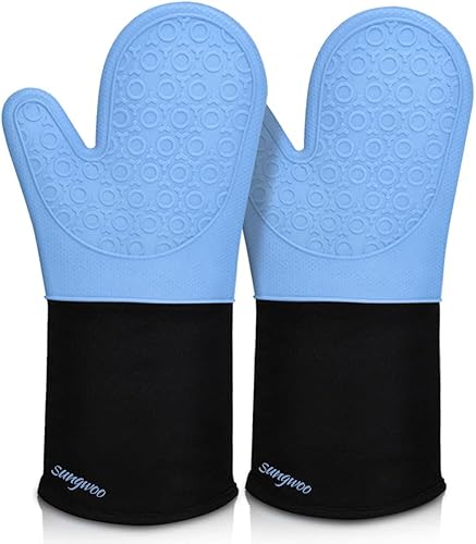sungwoo Guantes de horno de silicona extralargos, resistentes al calor, con forro acolchado, agarre texturizado antideslizante, perfectos para