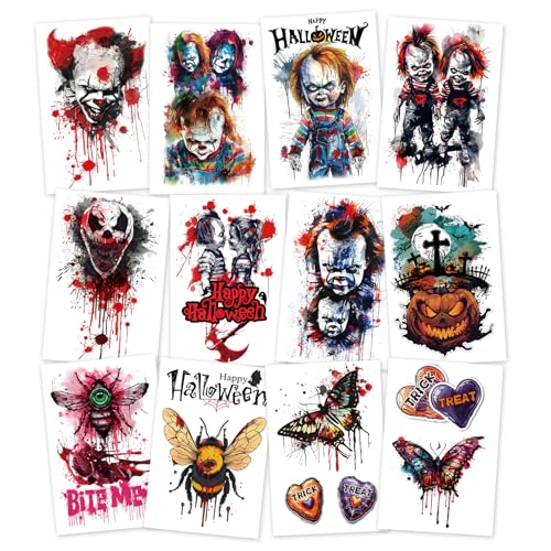 12-Sheet Halloween-Themed Temporary Tattoo Stickers Scary Fake Tattoos for Halloween Cosplay and Festivals Perfect for Kids and Adults