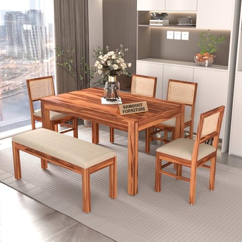 Image of 55 Inch Length Solid Wood Cane 6 Seater Dining Table Set | Six Seater Dining Table With 4 Cushions Chairs & 1 Bench For Dining Room | 6 Seater Dining Set for Hotel Restaurant | Sheesham, G-Honey
