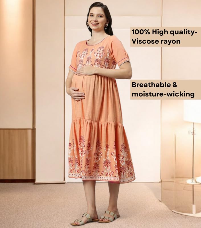 Image of DUMMY SHAPE Feeding Kurtis for Women Cotton Blend | Printed Pregnancy Flare Kurta with Dual Nursing Zippers to Pre & Post Partum | Maternity Dresses | Gifts for Pregnant Woman