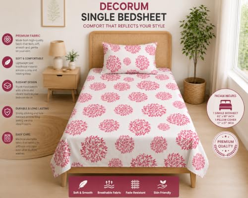 Image of DECORUM Glace Cotton Single Bedsheet with 1 Pillow Cover | Soft, Durable, Lightweight & Skin-Friendly Fabric| Suitable for Single /Diwan Bed Size