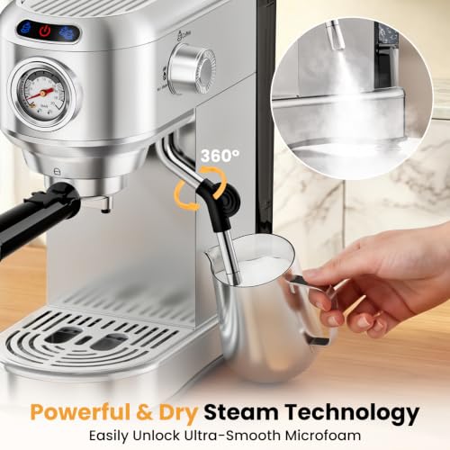 Espresso Machine 20 Bar, Compact Espresso Coffee Machine with Milk Frother, Stainless Steel Coffee Maker with 34oz Removable Water Tank, Cappuccino Machine for Home, Office, Latte (Silver) - Image 5