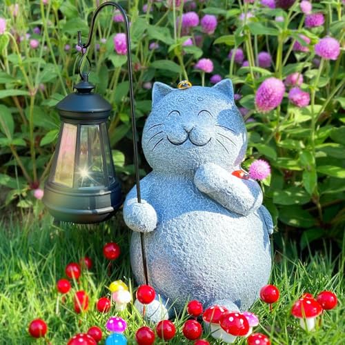 BIRD'S CRADLE Kit solar de gato feliz – Estatua de jardín para decoración de arte al aire libre, regalo temático para amantes de los gatos, figura de jardinería para mamá, abuela, mujer, único para