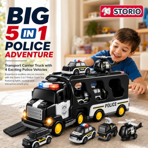 Image of Storio 5 in 1 Police Truck Toy for Kids 3-5 Years Boys | Transport Carrier Truck Set with Police Cars Helicopter Bus | Friction Powered Light Sound Toys for Toddlers 3 4 5 6 7 Years Old Gift