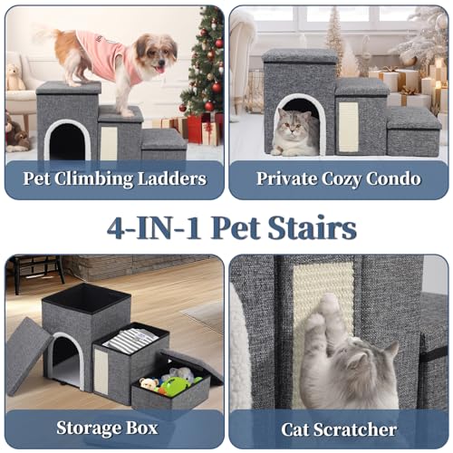 3 Stufen Treppe für Hunde, 75L x 35B x 43H cm, Hundetreppe Faltbare für klein/ältere/große Hunde Katzen, Hundetreppe mit Große Wohnung, Stauraum, Katzen Kratzbrett, Haustiertreppe für Couch und Bett