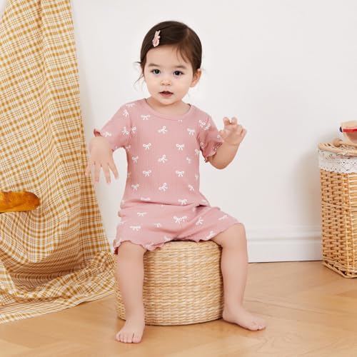 Toddler Baby Girl Summer Clothes Ribbed Knitted Short Sleeve T-Shirt Tops Ruffle Shorts Set 2Pcs Bow Outfit3