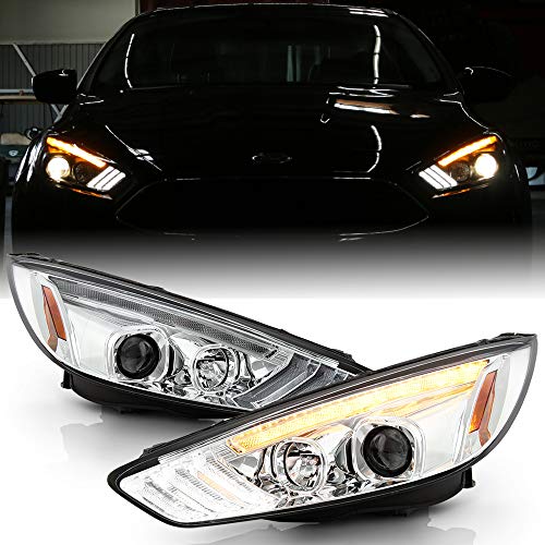 ACANII - For [Halogen Model w/DRL] 2015-2018 Ford Focus Chrome LED DRL Sequential Signal Projector Headlights Headlamps