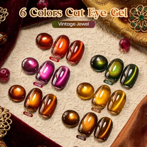 Image of Beetles Fall Cat Eye Gel Polish Set, Vintage Jewel 6 Colors Gel Polish Kit | Glitter Gel Purple Red Brown Orange Gold Green Magnetic Glass Cat Eye Luminous Gemstone Effect Soak Off UV Manicure for Women
