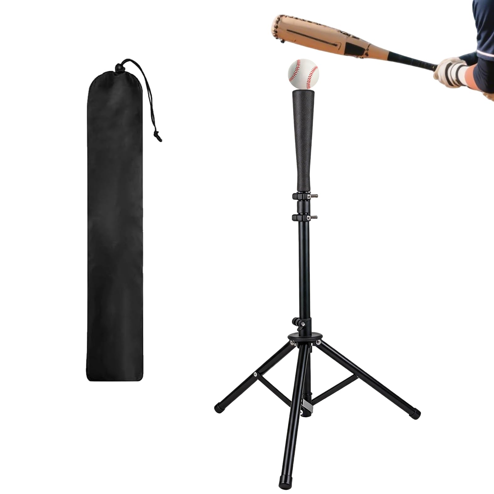 BRGD Noir Tee de Baseball avec Trépied, T-Shirt de Baseball et Softball Portable avec Sac Transport pour Terrains, Stades, Aires de Jeux, Cours Intérieures, Parcs, H : 72 à 121cm