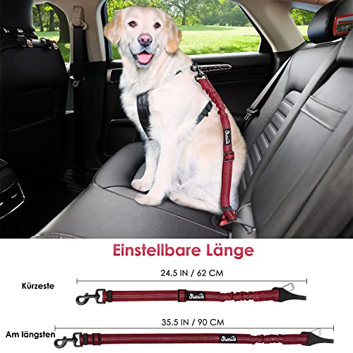 Eyein Hunde Sicherheitsgurt für Auto, Verstellbare Hundegurt fürs Auto mit Elastischer Ruckdämpfung, 3 in 1 reflektierend Hunde Anschnallgurt für alle Hunderassen & Autotypen, 90cm (Rot)