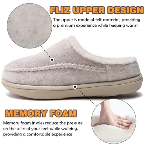 KuaiLu Womens Clog Slippers with Comfy Arch Support Orthotic Plantar Fasciitis Memory Foam Ladies Slippers for Women Winter Warm Fluff Slip on Felt Houes Shoes Hard Rubber Sole Beige size 8.53