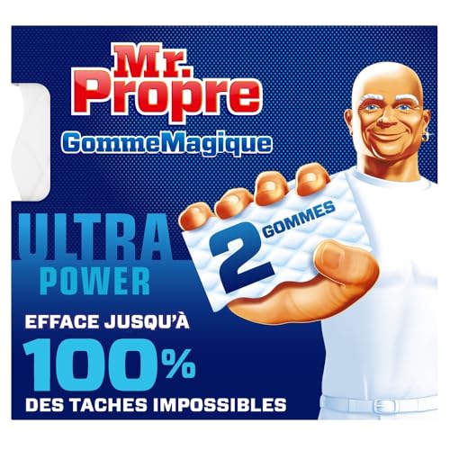 Mr. Propre Gomme Magique Ultra Power, Lot de 2, Élimine les Tâches Tenaces de Crayon, Graisse de Cuisine, Saleté des Jantes, Nettoyage à l'Eau Uniquement
