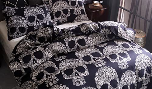 Cliab Skull Bedding Set King Size Goth Bedding Black And White Floral Halloween Skeleton Duvet Cover Lightweight Microfiber 3 Pieces #TOP1