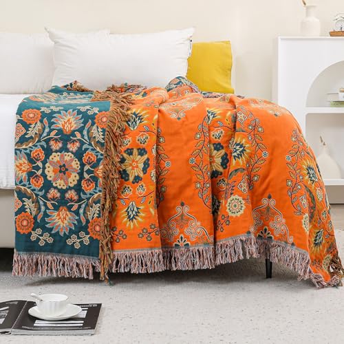 HOORDRY Baumwolle Tagesdecke,Bettüberwurf Wohndecke Sofadecke mit Muster 150x200CM,Herbst Doppelseitig Boho Decke Couchdecke Sesseldecke Wendedecke für Fernsehen oder Nap auf dem Stuhl,einzelbett