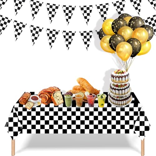 Image of Kesfey 8 Packs Racing Car Plastic Tablecloths 54 x 108 Inch Race Car Birthday Party Supplies Race Track Table Cloth Racing Decoration Road Black Checkered Flag Tablecover for Monster Jam Boy Car Theme