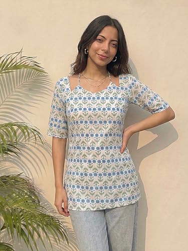 Image of ANNI Designer Women's Viscose Blend Printed Short Kurti | Straight Fit Casual Ethnic Top | Square Neck 3 /4 Sleeve Kurta Office College