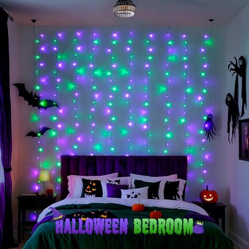 Image of JMEXSUSS 300LED Purple & Green Curtain Lights for Halloween Decor, Plug in | 9.8x9.8ft, Halloween Curtain Lights with Remote, Twinkle Hanging String Light for Bedroom Wall Window Backdrop Indoor Outdoor