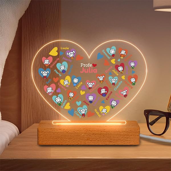 Transparent Gift Lámparas Personalizadas Corazones con Muñecos. Regalos Originales para Profesores. Lámpara Decorativa para Maestras. Regalos Personalizados Fin de Curso. Regalos para Hombre y Mujer.