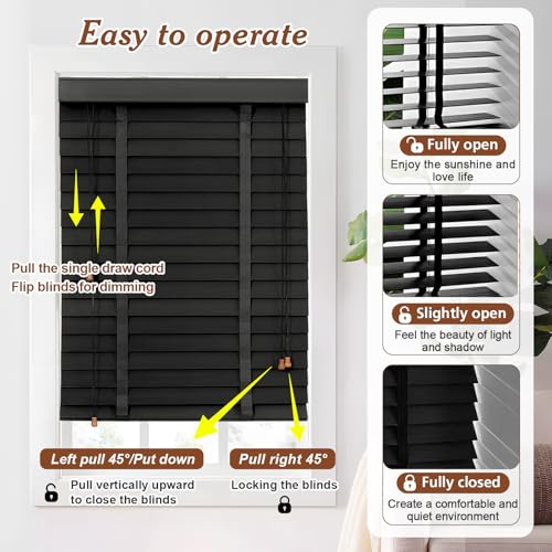 2" Slats Black Wood Blinds for Indoor Windows, Custom Wood Window Blinds, Wooden Venetian Horizontal Blinds & Shades for Indoor Windows, Office, Living Room, Bedroom