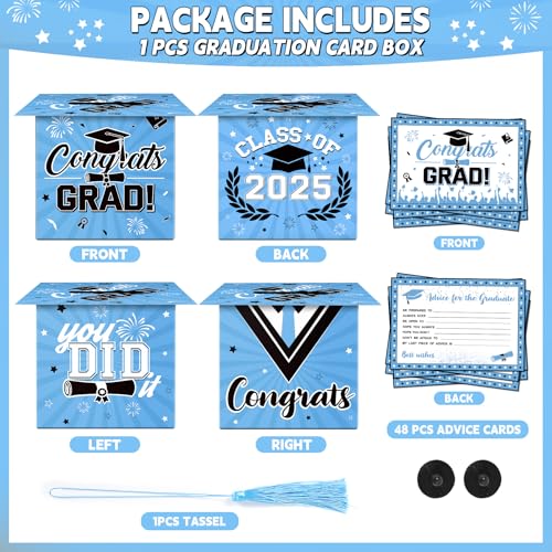 Image of Class of 2025 Graduation Card Box Light Blue Congrats Grad Cap Shaped Card Holder Boxes with Tassel and 48 PCS Advice Wishes Cards for 2025 High School College Centerpiece Ceremony Graduation Party