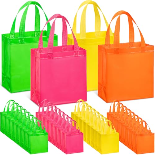 Wesnoy 36 Pcs Neon Gift Bags Bulk Woven Pastel Neon Gift Bags with Handles Reusable Party Favor Goodie Bulk Pastel Rainbow Color Tote Bag for Women Wedding Birthday Bridal Shower Decoration
