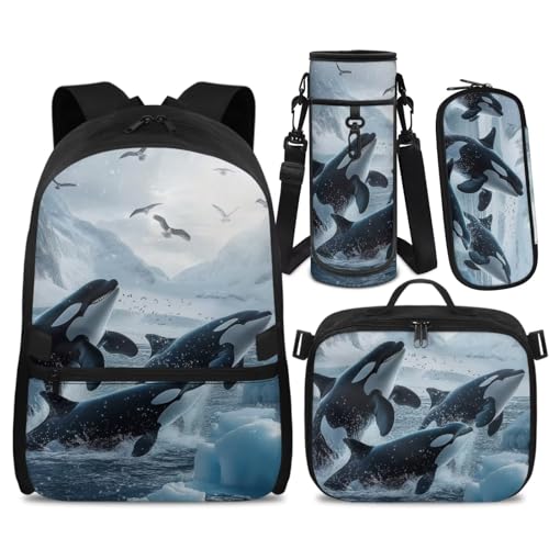 Doojoayie Kids School Backpack Boys 7-10 Cool Bookbag with Lunch Box Killer Whale Backapck for Boys Large Capacity School Bags Little Kids Favorite Daypack for Primary Grade Student