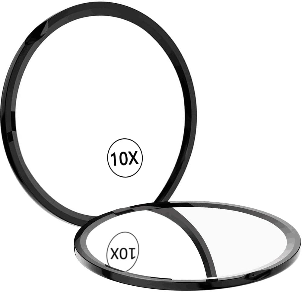 WEILY Compact Makeup Mirror, Pocket Handheld Mirrors for Travel with Magnification and 1x True View Mirror Mini Round Foldable Portable Mirror (10X, Black)